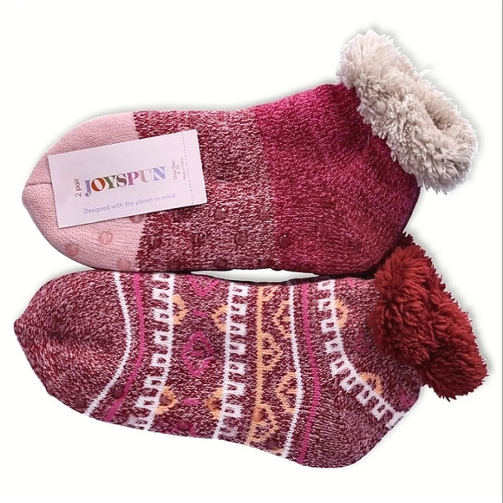 2-Pack Joyspun Knit Slipper Socks Pink Geometric Women's size 4-10